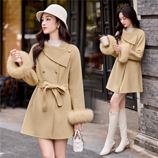 现货主推新款简约时尚休闲气质保暖真狐狸袖毛双面呢大衣送腰带，女装双面呢大衣，韩美纤衣
