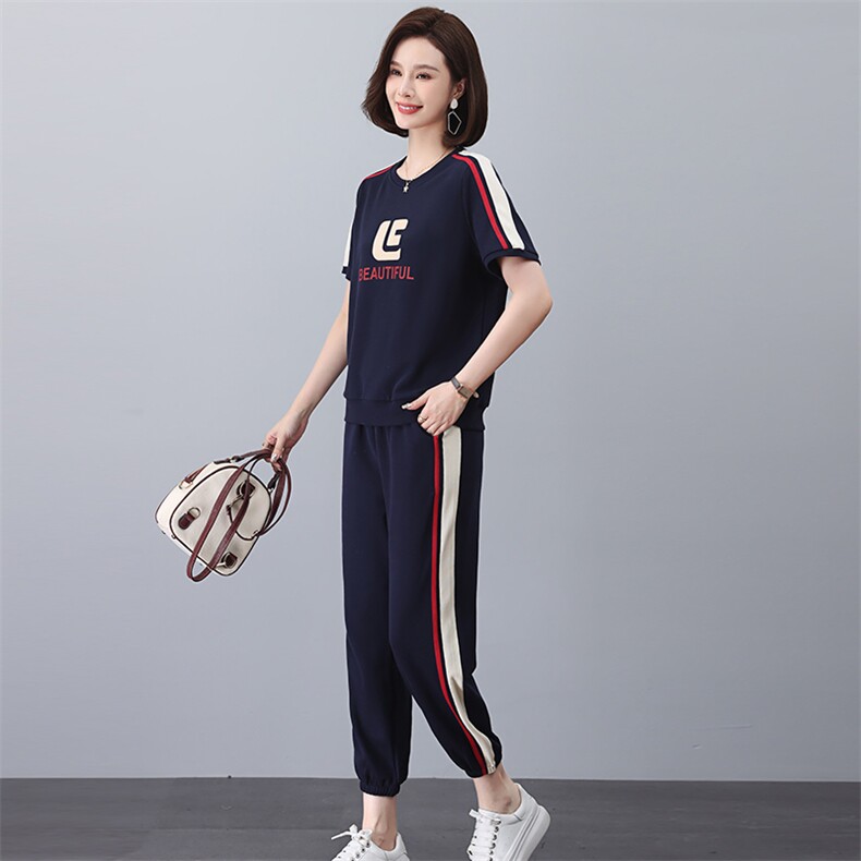卫衣套装女2025夏季新款时尚休闲运动撞色中年妈妈短袖t恤两件套,女装套装/套裙,独衣靓
