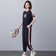 卫衣套装女2025夏季新款时尚休闲运动撞色中年妈妈短袖t恤两件套，女装套装/套裙，独衣靓
