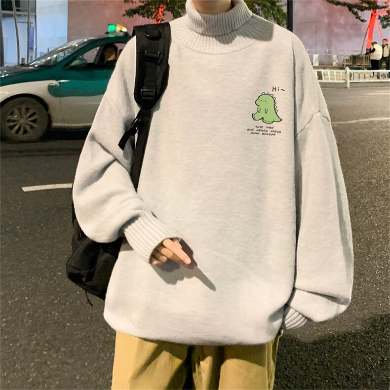 米白色高领毛衣男冬季加绒加厚新款恐龙印花青少年慵懒内搭针织衫，男装针织衫/毛衣，电商A028