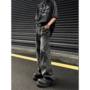 美式复古闪电纹牛仔裤男水洗微喇高街vibe黑灰色裤子直筒百搭长裤图片