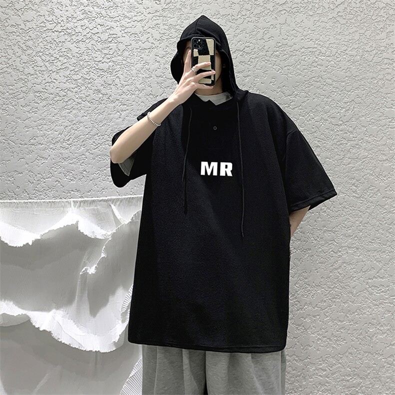 LD54253-P45连帽短袖t恤男大码胖子带帽五分袖中袖,男装T恤,电商A040