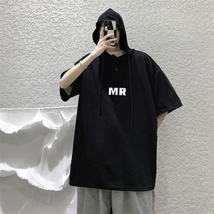 LD54253-P45 连帽短袖t恤男大码胖子带帽五分袖中袖图片