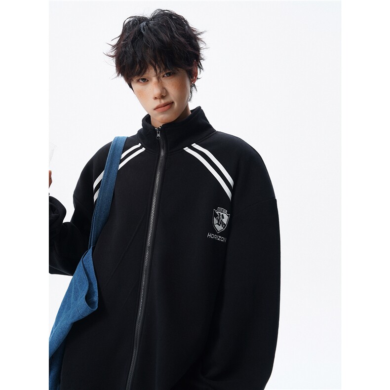 重磅条纹卫衣男开衫大码立领拼接上衣美式运动拉链外套JK5207/P65,女装短外套,电商B238