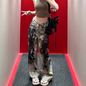 CP1254-P63做旧涂鸦脏脏牛仔裤个性复古长裤男女同款牛仔裤