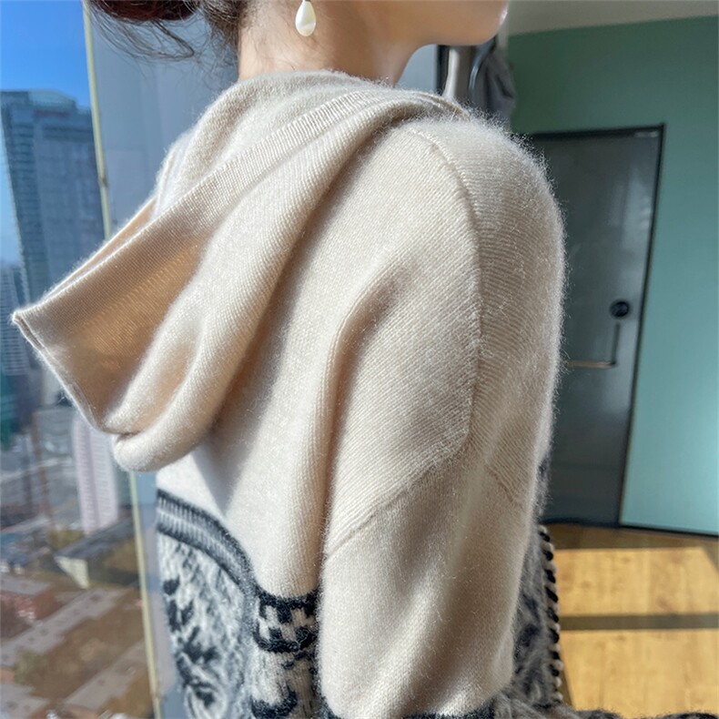 时尚新款连帽抽绳羊毛衫女宽松显瘦长袖毛衣冬季保暖针织衫,女装羊毛衫,宇灿羊绒