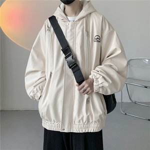 春装冲锋衣连帽皮夹克机车PU皮衣外套P110控158抖音控178加绒+20,杏色外套搭配杏色裙子图片