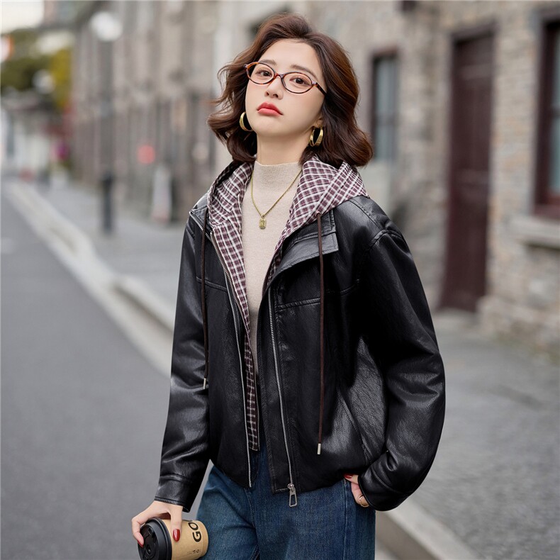 主推皮衣外套女连帽格子拼接上衣2025冬季新款加厚毛皮夹克机车服,女装皮衣,美拉德工厂直营店