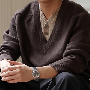 2025冬季宽松加厚假两件拼接V领毛衣男女百搭休闲长袖针织上衣潮图片