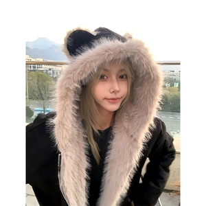 现货重磅硬挺boxy羽绒棉衣座山雕猫耳大毛毛领麂皮棉服冬外套图片