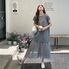 灰色高级感无袖连衣裙女2025夏季新款今年流行薄纱拼接宽松T恤裙，女装连衣裙，2C258