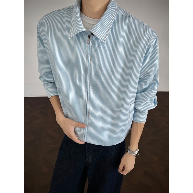 休闲蓝白条纹翻领港风大码短款开衫长袖夹克男J5284-特P58控108,男装夹克,电商A001-1