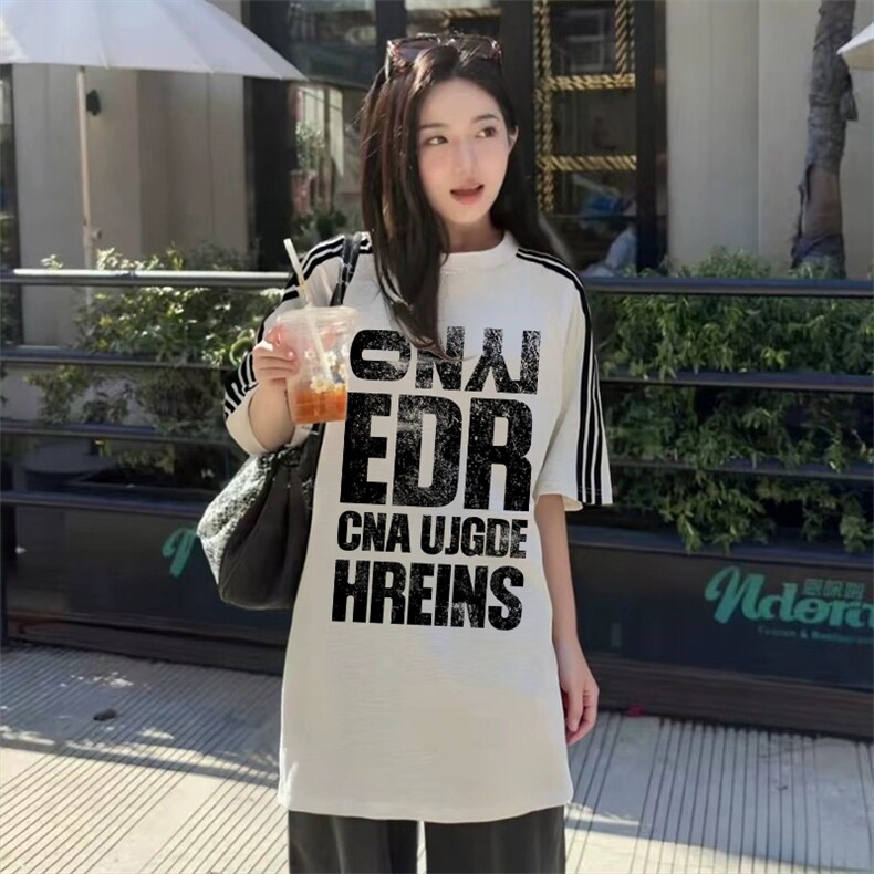 抖音得物品质二开240克宽松纯棉美式潮牌印花三条杠中性风短袖T恤,男装T恤,电商A486-1