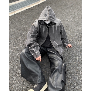 水洗渐变连帽牛仔外套男春秋美式潮牌高街小众设计感宽松夹克图片