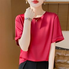新款真丝短袖t恤女夏季醋酸缎面薄款简约宽松圆领桑蚕丝背心上衣，女装蕾丝衫/雪纺衫，朝贺羊绒
