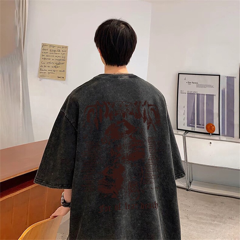 抖音得物供货240克重磅现货宽松美式纯棉水洗做旧印花T恤ATSX09,男装T恤,电商A443