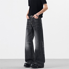 闪电纹做旧水洗牛仔裤男女美式直筒宽松休闲阔腿裤N09917-P58，男装牛仔裤，星座308B-2