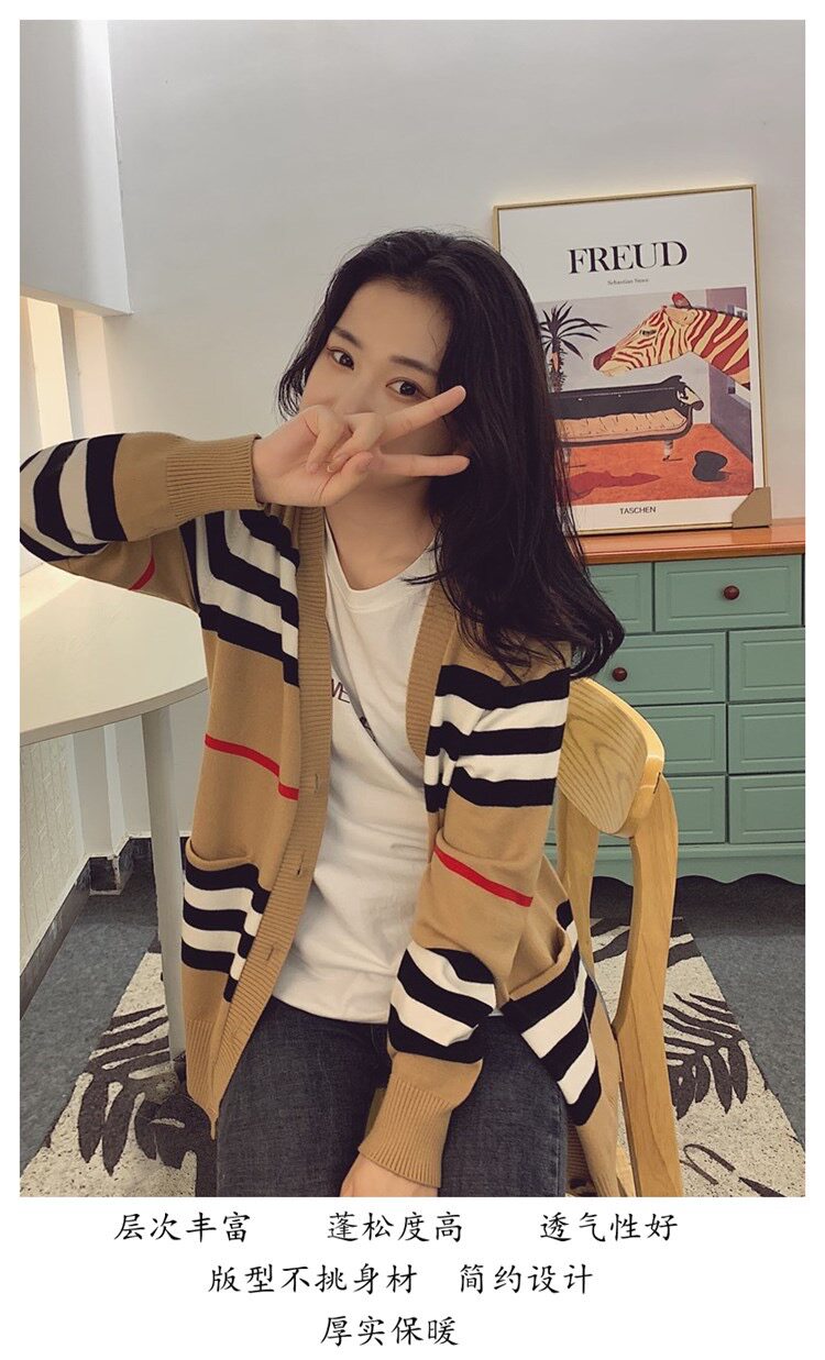 春秋欧洲站羊毛开衫女宽松中长款条纹毛衣外套针织衫软糯百搭上衣,针织衫/毛衣,美莎羊绒