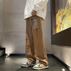 美式复古咖啡色直筒牛仔裤男欧美高街长裤N05084-P48图片