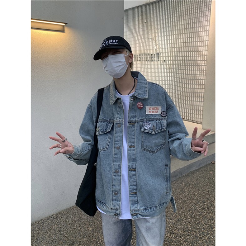 翻领四季徽章夹克美式复古水洗做旧徽章牛仔外套宽松男春秋上衣潮,男装工装外套,星座302B