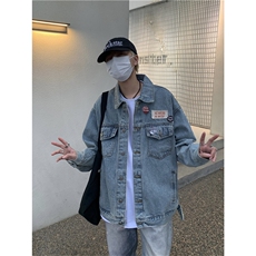 翻领四季徽章夹克美式复古水洗做旧徽章牛仔外套宽松男春秋上衣潮，男装工装外套，星座302B