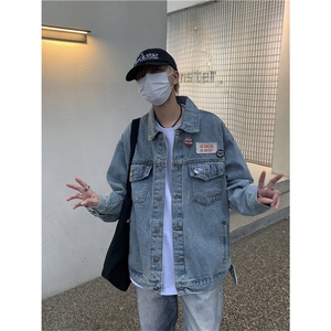 翻领四季徽章夹克美式复古水洗做旧徽章牛仔外套宽松男春秋上衣潮图片