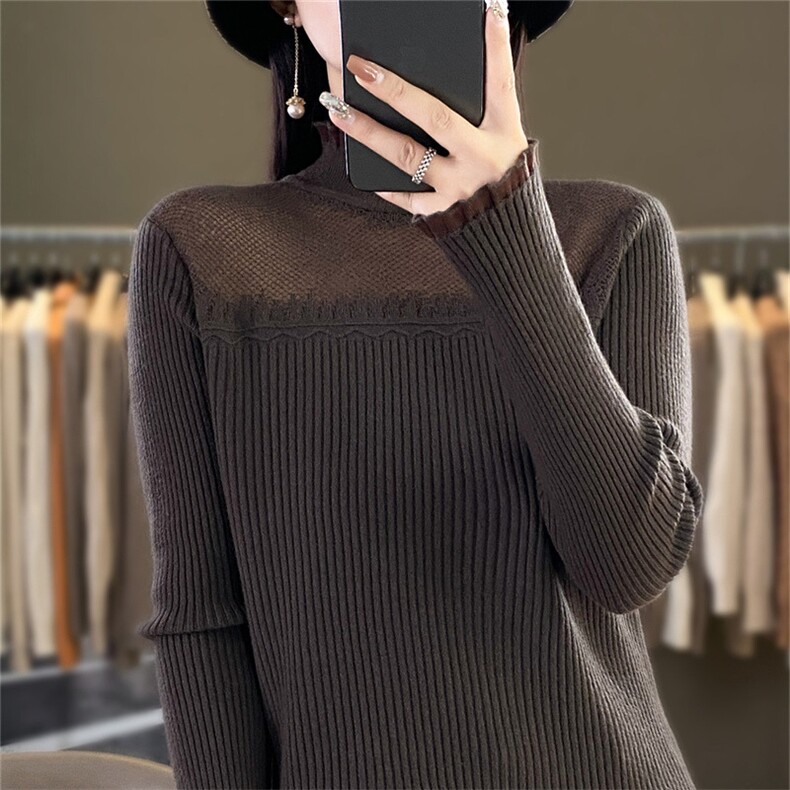 时尚欧根纱拼接针织衫 修身显瘦长袖毛衣 优雅气质女装上衣图片
