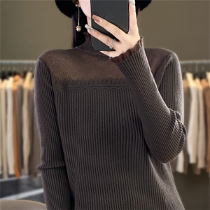 时尚欧根纱拼接针织衫 修身显瘦长袖毛衣 优雅气质女装上衣图片
