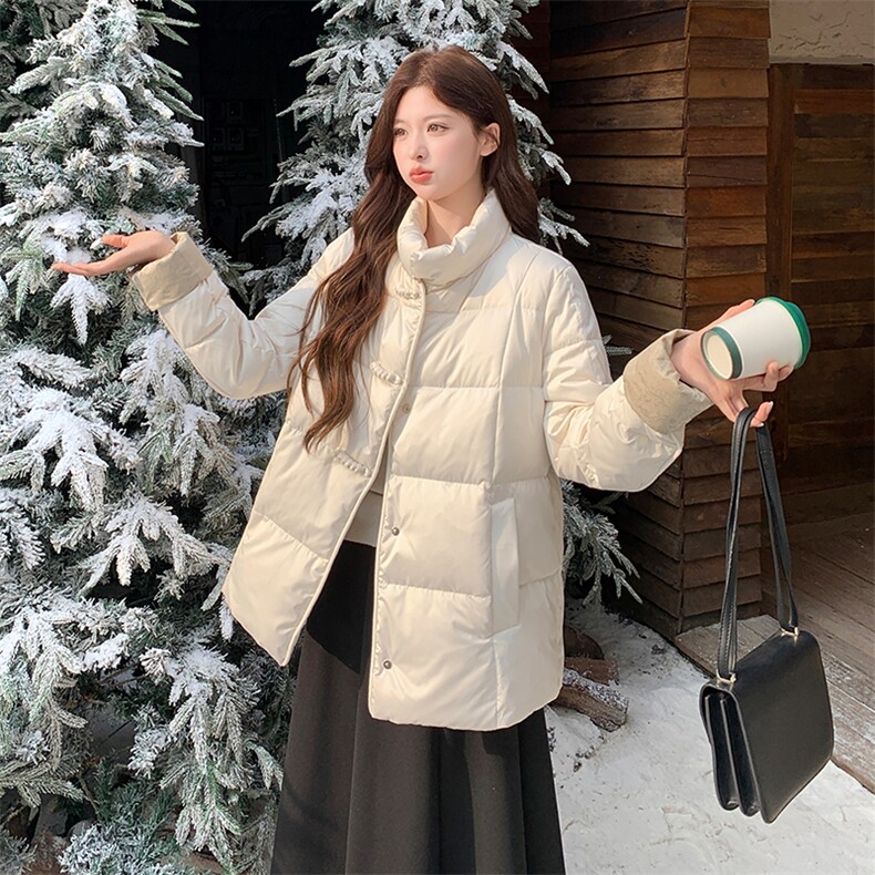 短款立领拼接袖简中式一手长加厚羽绒服女宽松保暖外套,女装羽绒服,水衣源
