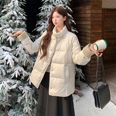 短款立领拼接袖简中式一手长加厚羽绒服女宽松保暖外套，女装羽绒服，水衣源