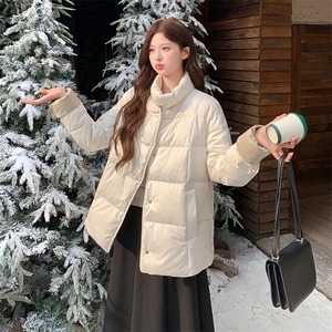 短款立领拼接袖简中式一手长加厚羽绒服女宽松保暖外套图片