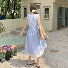 上新韩系蕾丝花边拼背心条纹无袖连衣裙2C050-1272-P135-K188，女装连衣裙，2C050