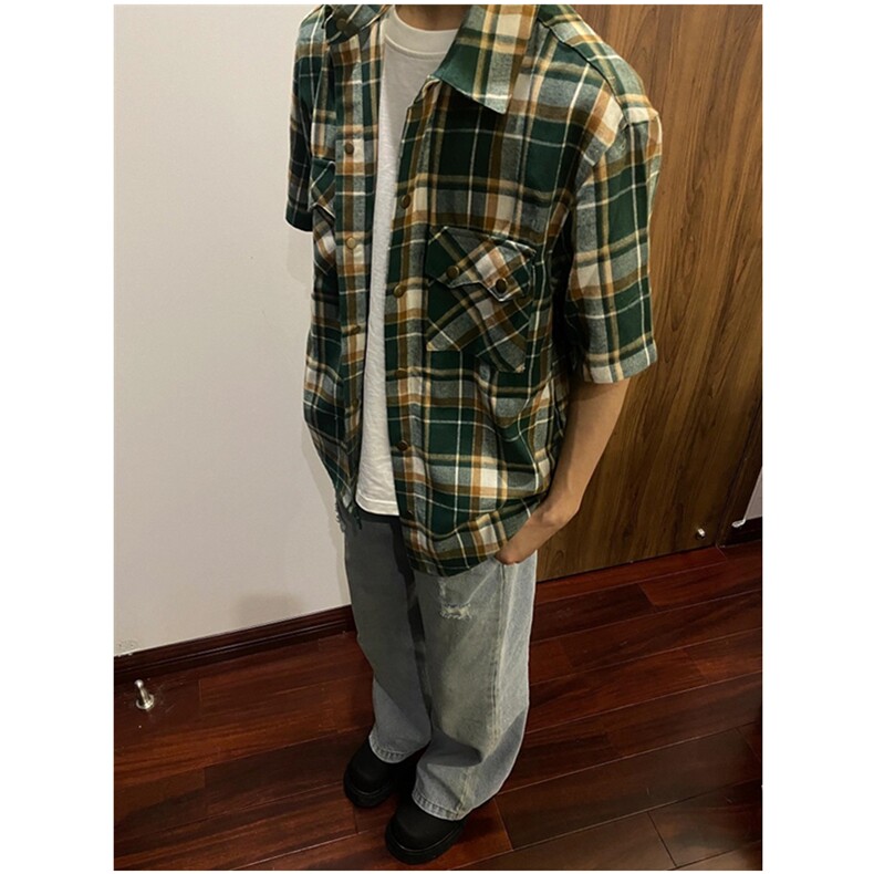 格子短袖衬衫男春秋宽松休闲复古外穿磨毛短袖衬衣外套C5008,男装衬衫,星座1116A（原606A-3）