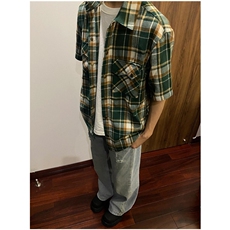 格子短袖衬衫男春秋宽松休闲复古外穿磨毛短袖衬衣外套C5008，男装衬衫，星座1116A（原606A-3）