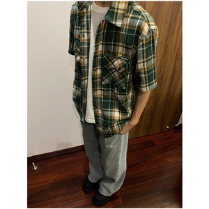 格子短袖衬衫男春秋宽松休闲复古外穿磨毛短袖衬衣外套 C5008图片