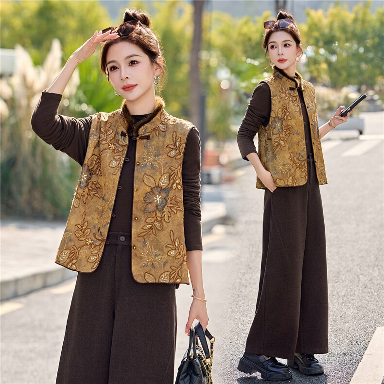 新中式风刺绣马甲套装女2026春新款高级感气质妈妈装洋气三件套，女装套装/套裙，悠米