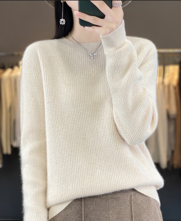 羊毛衫女圆领桂花针纯色长袖毛衣宽松打底衫上衣,女装羊毛衫,犀桦羊绒