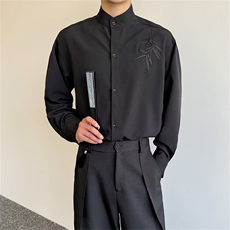 春季竹叶刺绣新中式唐装痞帅复古风长袖衬衫男潮流立领中山装，男装衬衫，星座506A