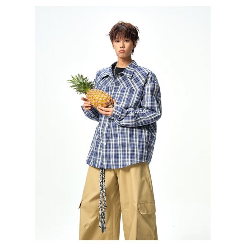 格纹古巴领衬衫外套男女春秋新款潮牌美式休闲长袖情侣衬衣,男装衬衫,四季星座505