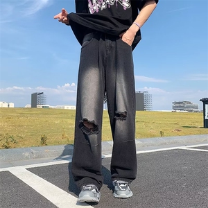 美式复古水洗破洞牛仔裤夏季薄款hiphop高街潮牌休闲直筒裤图片