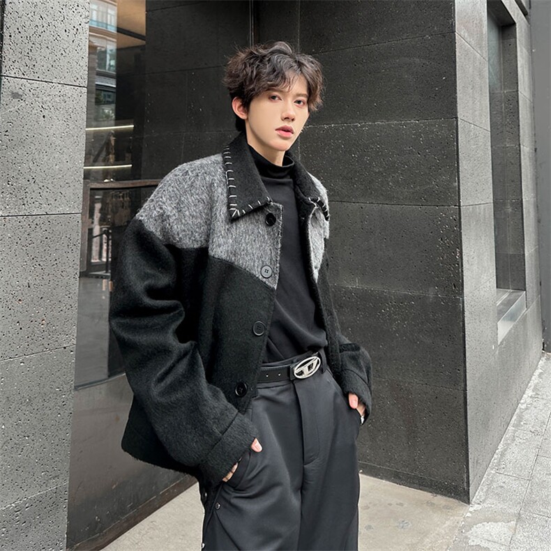 毛呢撞色拼接秋冬外套马海毛纯手工缝线高级感上衣872P108，男装毛呢大衣，电商A458A