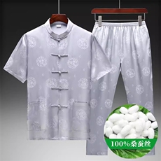 夏款高端唐装短袖薄款绸缎男装休闲男上衣，男装民族服装，钱塘6003B