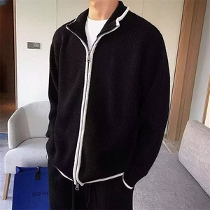 黑白撞色双拉链设计感开衫毛衣男慵懒宽松针织衫外套 MY069图片