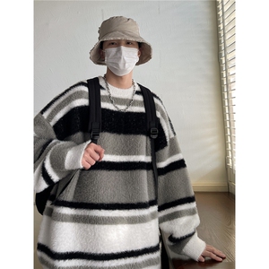 美式复古条纹软糯毛衣男女款秋冬季保暖慵懒风条纹情侣针织衫外套图片