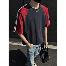 抖音得物二开品质240克宽松纯棉美式高街撞色织带短袖T恤YQ39，男装T恤，电商A486-1