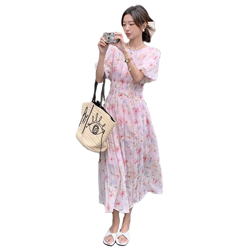 粉色女神范连衣裙女中长款2024夏季新款茶歇法式温柔风收腰碎花裙,女装连衣裙,天使之佳话