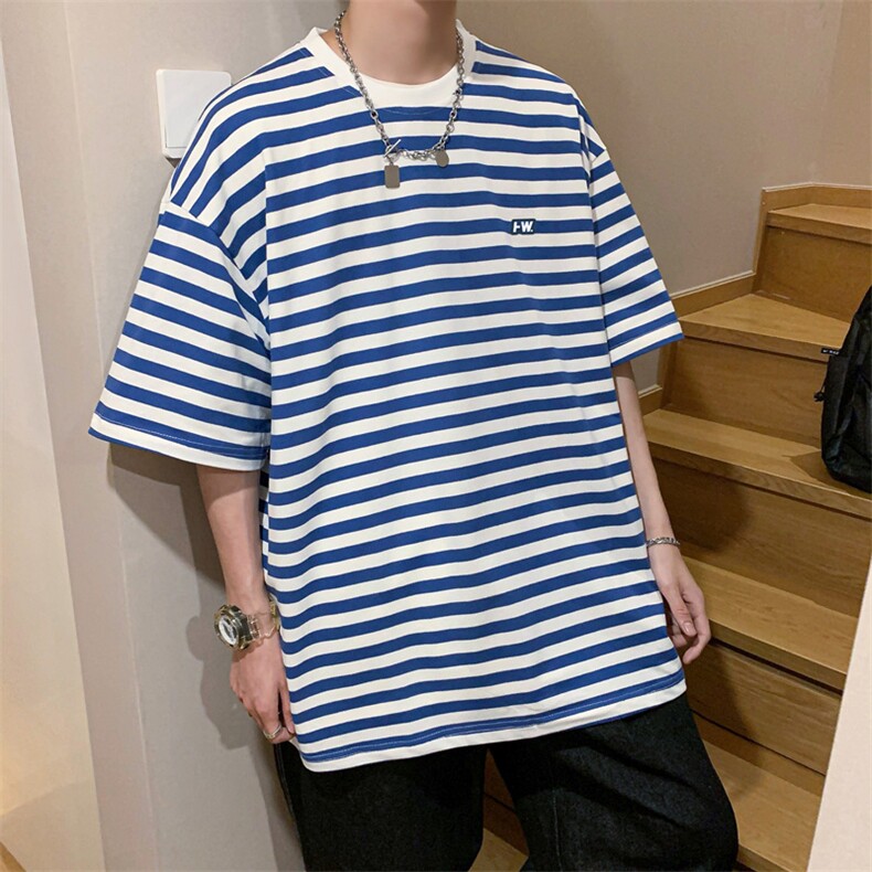 条纹男士短袖夏季宽松简约原宿风百搭半袖ins港风衣服 T641-P25图片