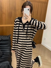 连帽毛衣女秋冬2024新款条纹慵懒风针织衫连衣裙，女装连衣裙，思途羊绒