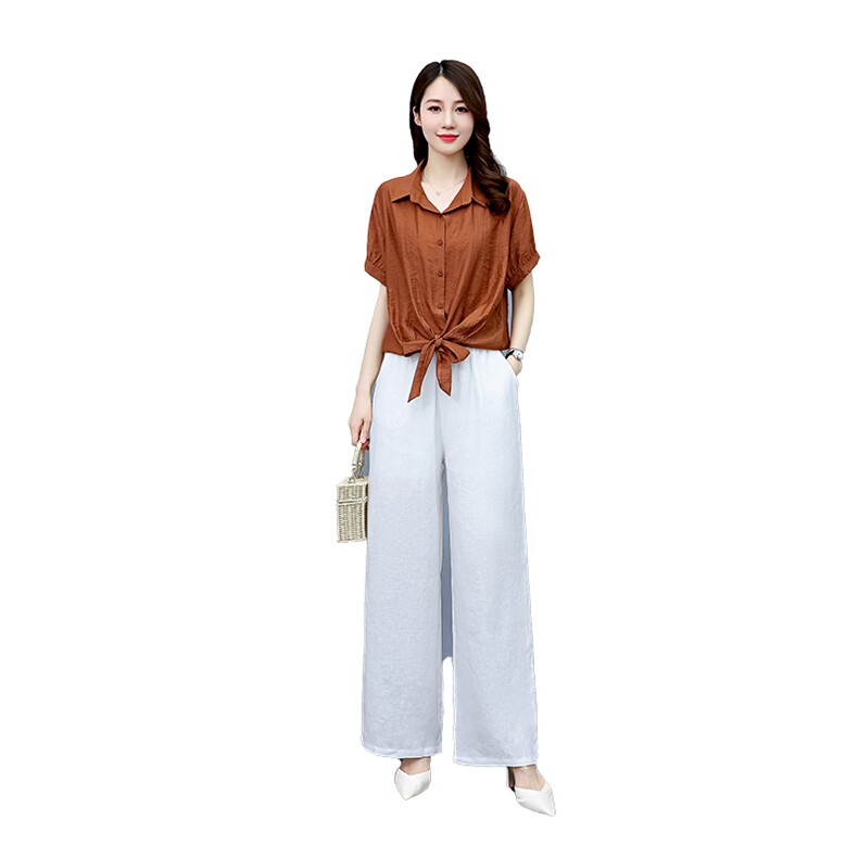 现货2022年夏季新款简约大方舒适棉麻阔腿裤两件套,女装套装/套裙,艾仟回(原伊仟回)