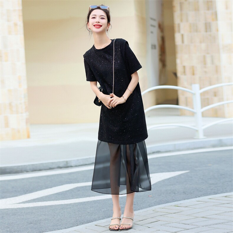 欧货高级感可拆卸连衣裙2025夏季新款烫钻T恤女网纱半身裙两件套,女装连衣裙,意芙